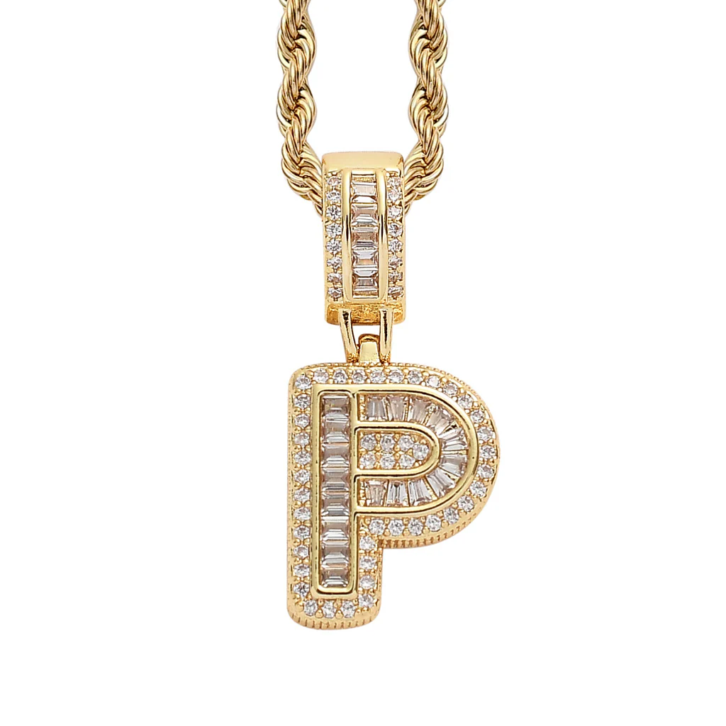Baguette Iced A to Z Letters Pendants in 14K Gold - Image 21