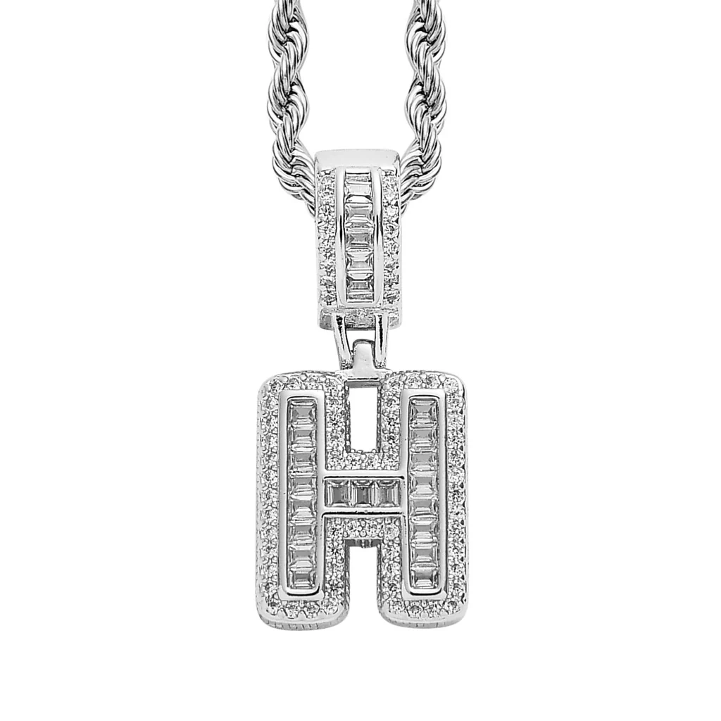 Baguette Iced A to Z Letters Pendants in White Gold - Image 12