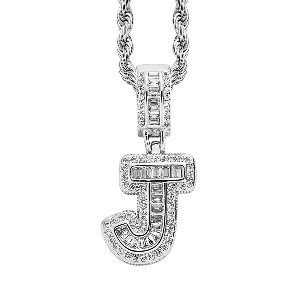 Baguette Iced A to Z Letters Pendants in White Gold - Image 14