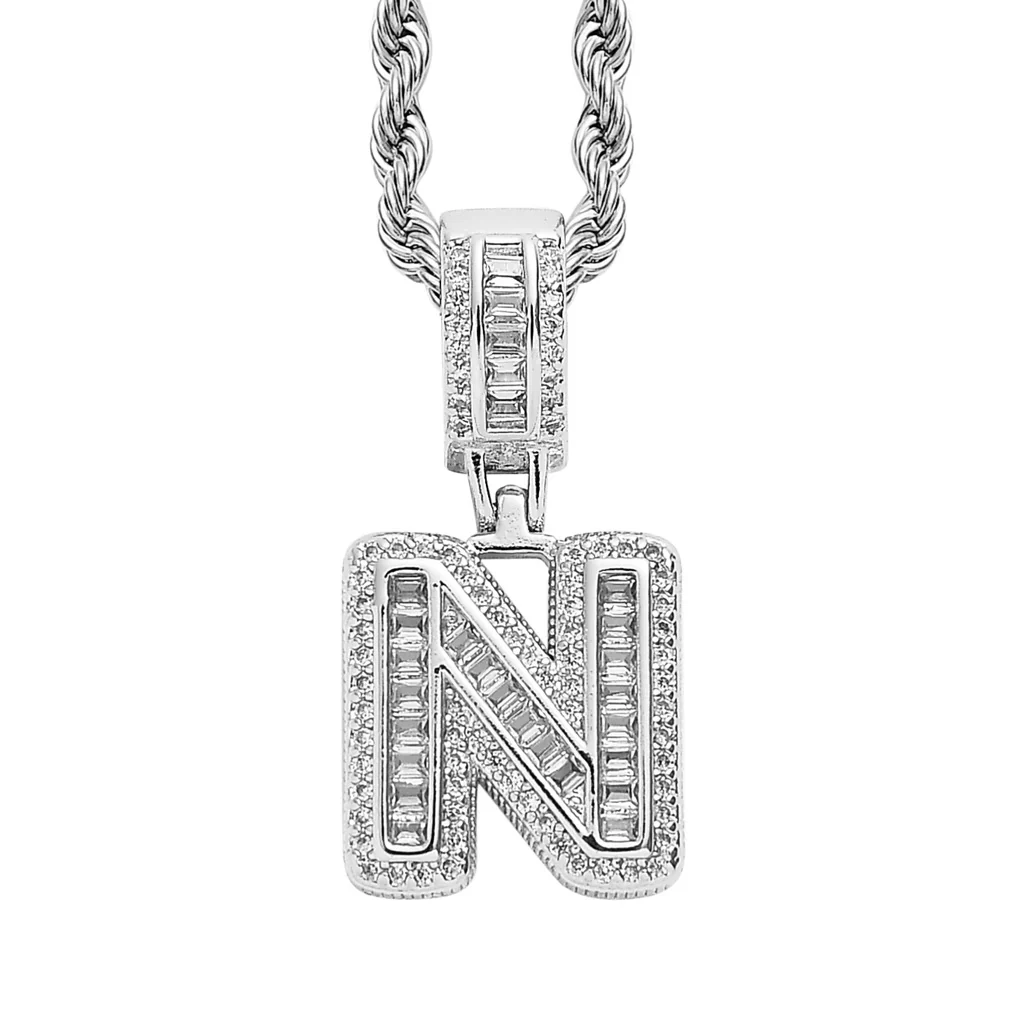 Baguette Iced A to Z Letters Pendants in White Gold - Image 18