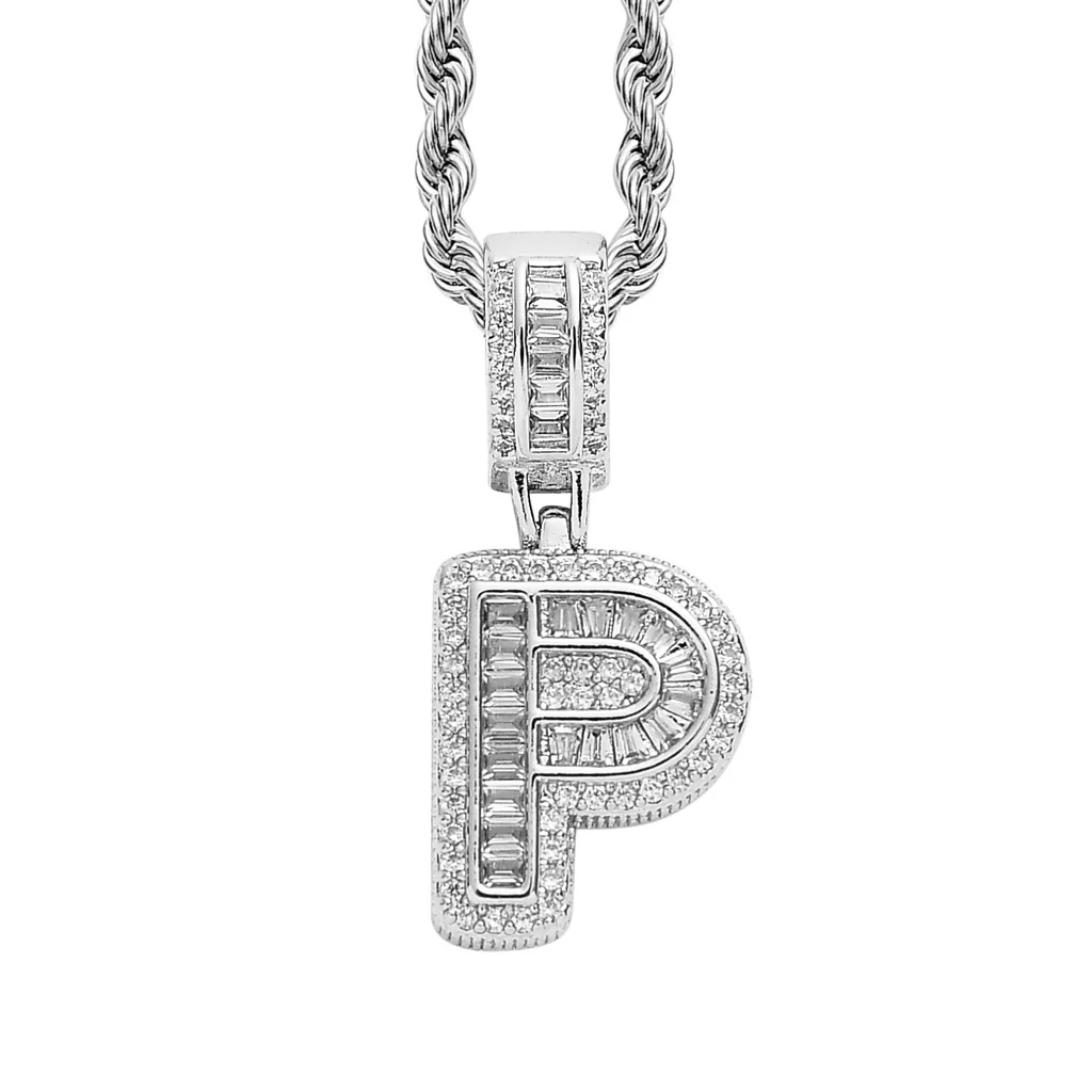 Baguette Iced A to Z Letters Pendants in White Gold - Image 20