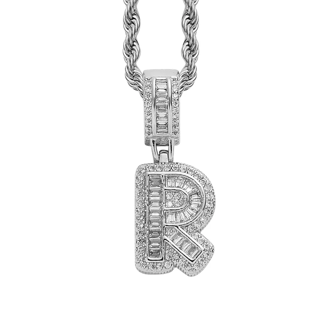Baguette Iced A to Z Letters Pendants in White Gold - Image 22