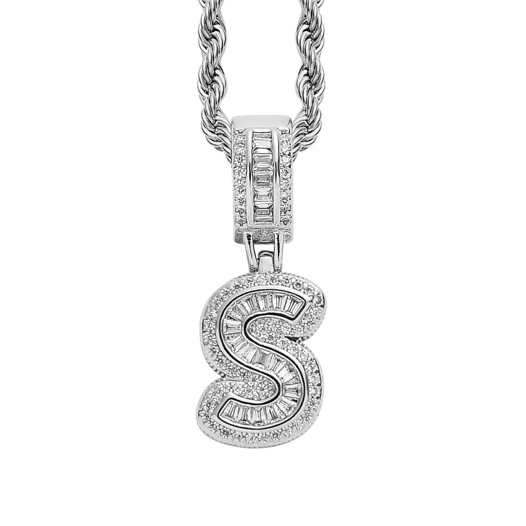 Baguette Iced A to Z Letters Pendants in White Gold - Image 23