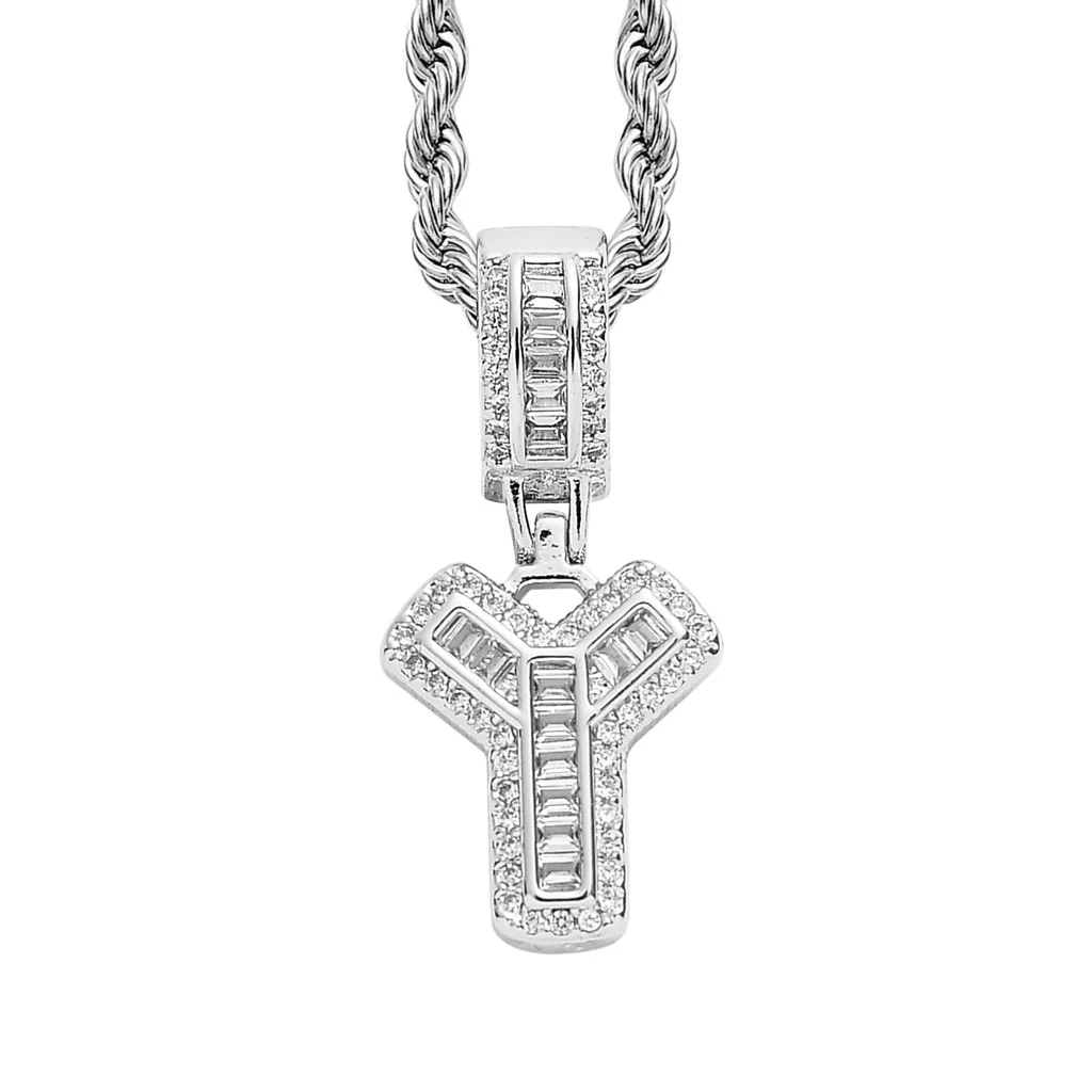 Baguette Iced A to Z Letters Pendants in White Gold - Image 29