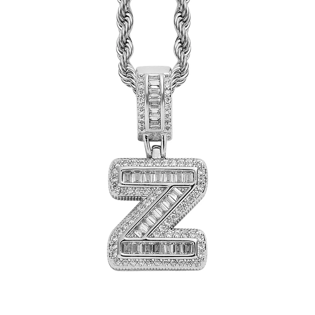 Baguette Iced A to Z Letters Pendants in White Gold - Image 4