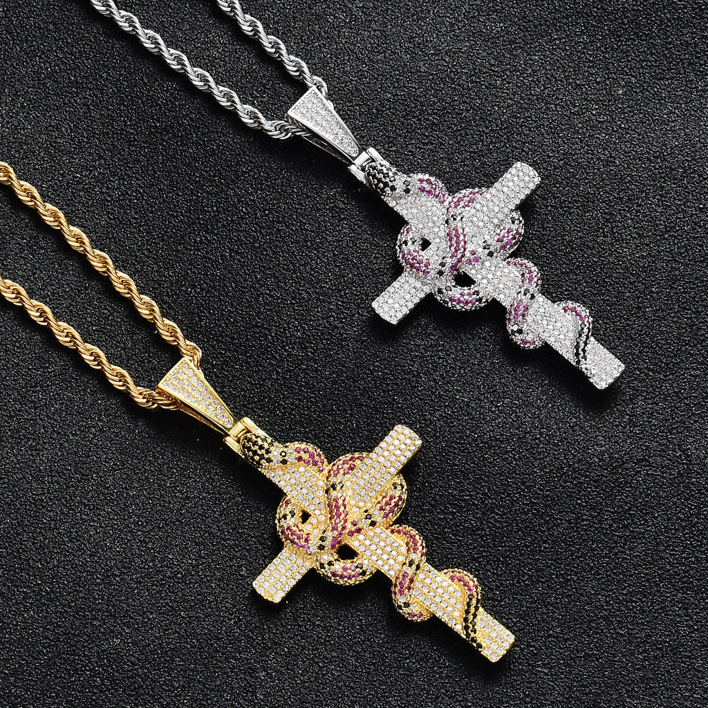 Iced Pink Snake Cross Pendant in White Gold - Image 3