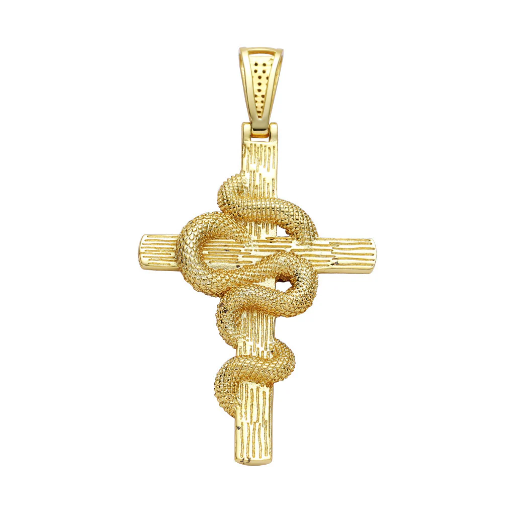 Iced Snake Cross Pendant in 14K Gold - Image 3