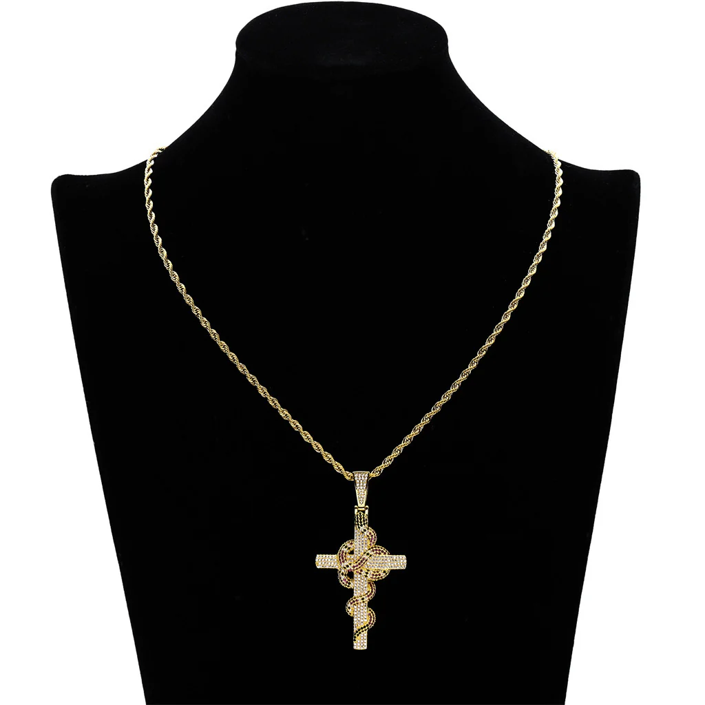 Iced Snake Cross Pendant in 14K Gold - Image 4